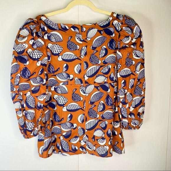 NEW Eva Franco Bird Print Blouse Puff Sleeves Knot front Sweetheart Neck Size 12 - Picture 6 of 16